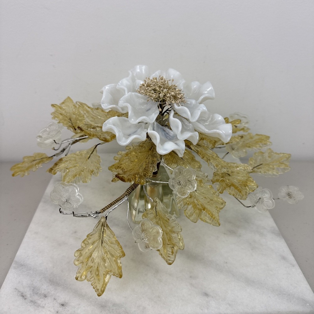 Vtg MCM Venetian Murano? Art Deco Glass Yellow Leaves White Flowers  14"x7"